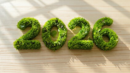 2026 year made of lush green moss and foliage on a light wood surface. Concept of sustainable future, eco-friendly planning, new year resolution, and growth.