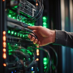 A person is reaching into a server rack with a green cable