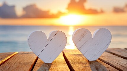 Fototapeta premium Two white wooden heart shapes rest on a weathered plank surface against a vibrant ocean sunset