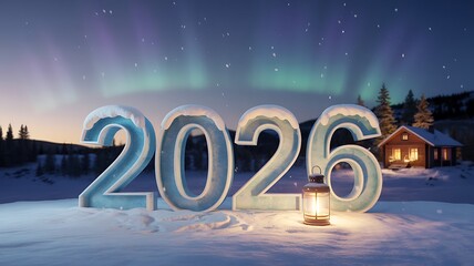 Ice sculpture numerals 2026 in snowy twilight landscape with lantern glow, aurora borealis, and cabin lights for magical new year celebration and winter-themed seasonal design