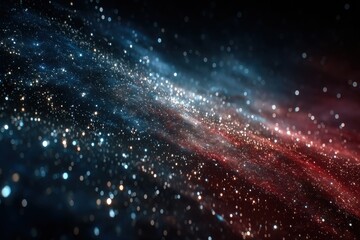 Abstract cosmic dust in blue and red hues with sparkling light particles and star-like motion