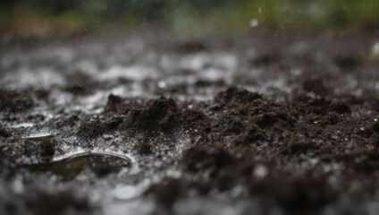 Close-up of wet soil and ash after rain, showing texture and contrast.