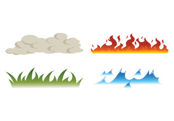 Isolated cartoon illustration of four natural elements of grass, cloud, water waves, and fire for image templates, comics, advertisements, and others related to nature.