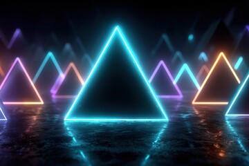 Neon glowing triangles illuminate a futuristic abstract scene with colorful reflections on a dark floor