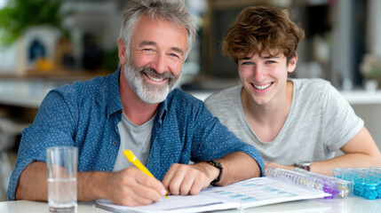 Smiling caucasian elderly male and teen completing homework together at a table