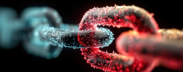 Blue and red digital chain links symbolize secure connectivity and cybersecurity themes in modern technology