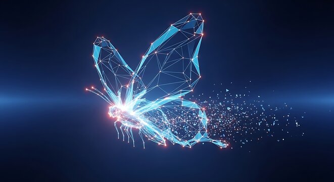 Digital butterfly made of glowing blue geometric particles dissolving into the dark abstract background, representing transformation and technology concept