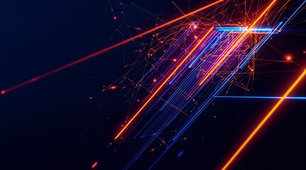 Abstract digital artwork featuring glowing blue and orange neon lines intersecting on a dark background,