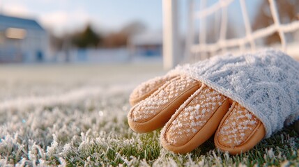 Frost-covered goalkeeper gloves on grass near soccer goal