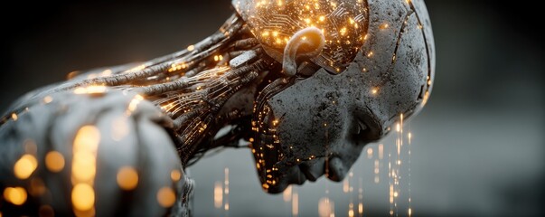 Futuristic digital head with glowing brain and circuitry, a cybernetic AI concept