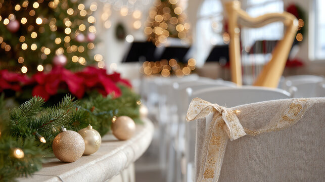 Festive christmas harp performance with holiday lights and decorations on stage - Powered by Adobe