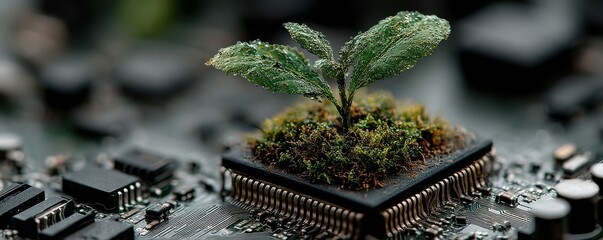 Green plant sprouting from the center of a computer chip symbolizing growth and technology