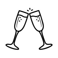 Champagne glasses for celebrating New Year and Christmas, clinking together, outline style, festive toast