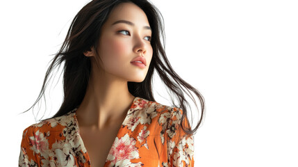 Elegant woman looking sideways with blowing hair
