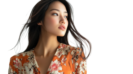Elegant woman looking sideways with blowing hair
