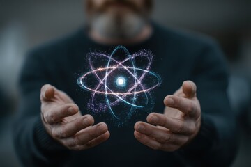 Man in black sweater holds glowing atom symbol, showcasing science, energy, and future technology.