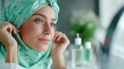 Woman adjusting hijab in front of mirror with gentle hands