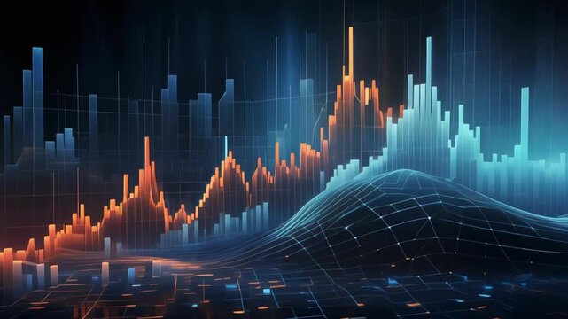 Business data visualization with colorful graph and chart on a dark background