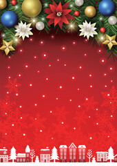 クリスマス背景、街並み、玉飾り、赤、キラキラ、かわいい、イラスト、縦