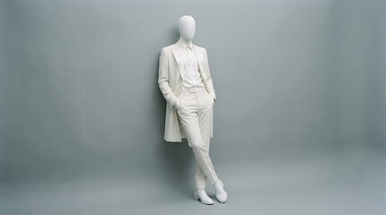 Fototapeta premium Elegant white suit displayed on a minimalist mannequin in a clean studio setting, showcasing modern fashion and sophisticated professional attire