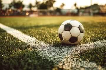 Fototapeta premium A soccer ball rests on the grass near the corner line during late afternoon. The scene displays vibrant colors and intricate details, highlighting the sport's essence
