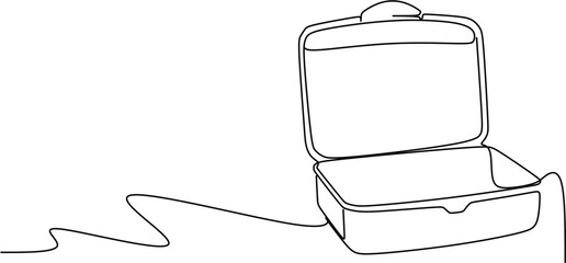 Continuous one-line drawing of an open empty lunch box or food container. Minimalist graphic concept for school, work, healthy eating, picnic, or takeout food themes.