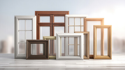 Different styles of plastic windows and doors are displayed in a bright room, highlighting their unique designs and finishes for home decor enthusiasts