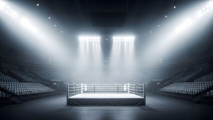 Empty boxing ring illuminated by bright spotlights, ready for competition