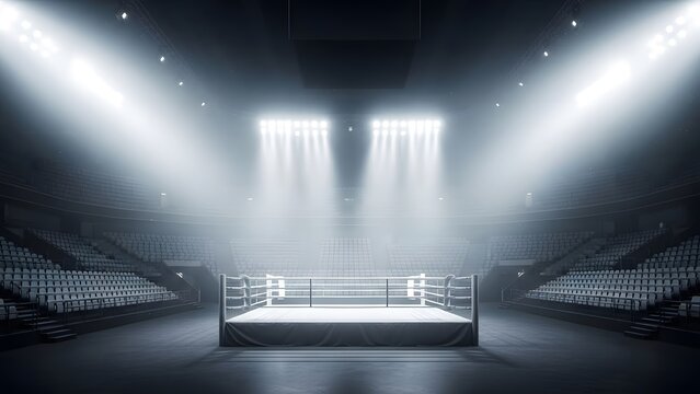 Empty boxing ring illuminated by bright spotlights, ready for competition