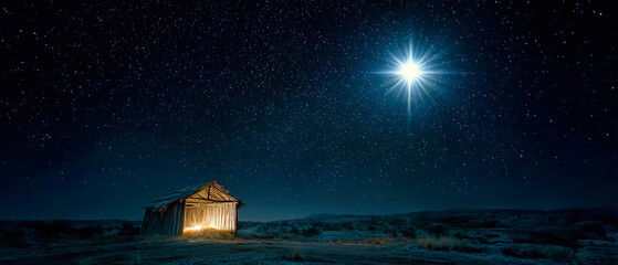 A radiant star illuminates the humble manger in a serene night scene, evoking feelings of Christmas hope and joy among the twinkling stars above