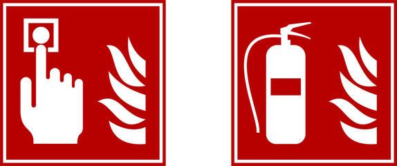 Fire Alarm Call Point and Fire Extinguisher Safety Icons. isolated on white background © dedikw