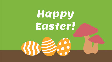 Happy Easter festive cartoon vector illustration with decorated eggs and whimsical mushrooms on a bright green background celebrating spring holiday