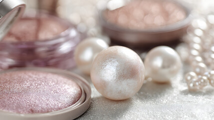 Elegant pearls and luminous makeup shimmer in this beauty still life, capturing the essence of luxury and radiant beauty for cosmetics promotions