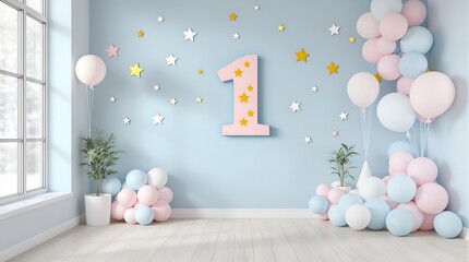 pastel-themed baby shower room with light blue walls, a large pink 