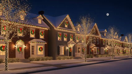 Stunning suburban street glows with warm white Christmas lights and festive wreaths under a winter moon