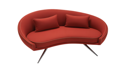 Transparent PNG available
Stylish forest red velvet sofa front view with smooth curves and slender metal legs isolated on transparent background