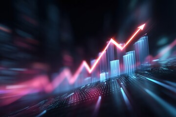 Abstract neon stock chart with rising graph and glowing blue purple background for finance and technology