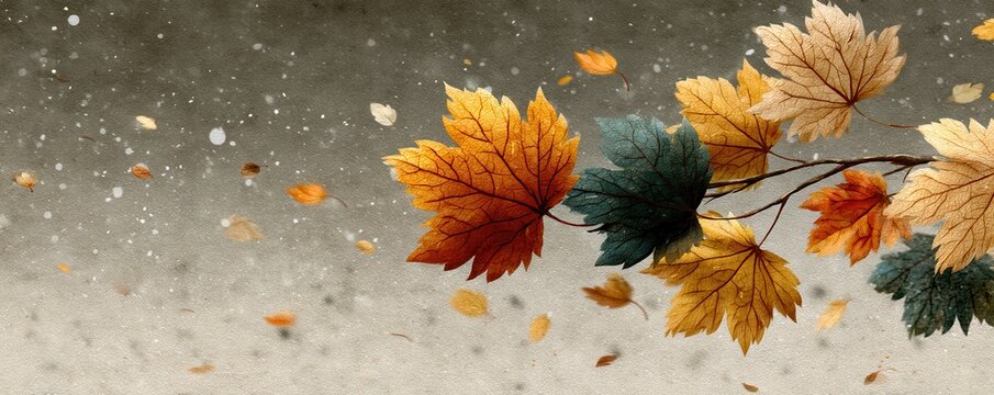 Autumn leaves on a windswept branch against a muted background with falling particles. - Powered by Adobe