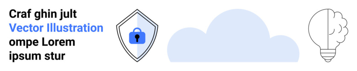 Cybersecurity, data storage, creativity, cloud services, innovation, mental processes. A shield with a lock, a cloud and a light bulb a brain. Cybersecurity and data storage visuals