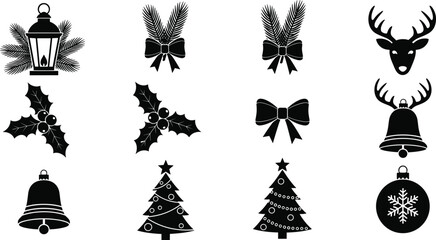 Christmas silhouette icons, holiday ornament set, pine branches with bows, reindeer head with antlers, holly and berries, bells and trees © MST