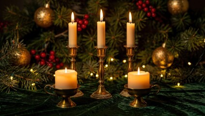 Five illuminated wax candles in ornate brass holders rest on a deep green velvet cloth, framed by festive Christmas greenery, red berries, and glowing golden lights.