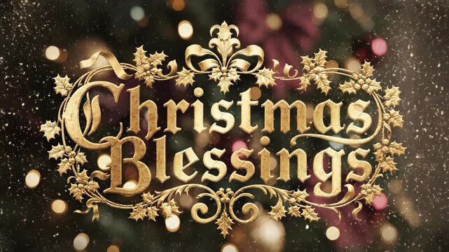 Animated Christmas blessings lettering with golden glitter effect over blurred holiday tree background