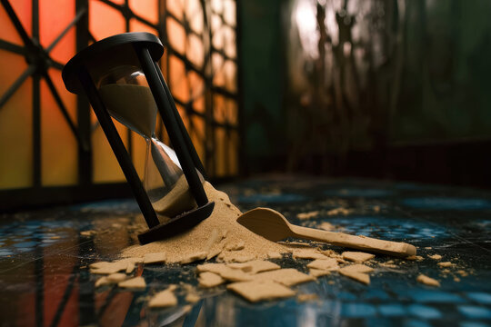 Antique hourglass sand broken ceramic wooden spoon reflection dim interior moody