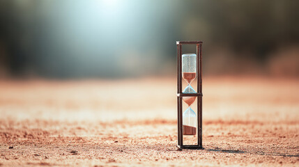 Hourglass on sandy ground with warm sunlight and shallow depth of field, symbolic mood of passing time and patience