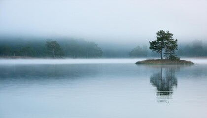 Serene misty island landscape with reflections on calm lake water