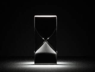 Minimalist hourglass with fine sand in glass container under dramatic studio lighting evoking stillness and contemplation