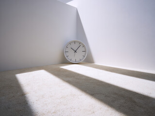 Minimalist wall clock leaning in bright corner with long sunlit shadows and textured floor evoking calm and time passing