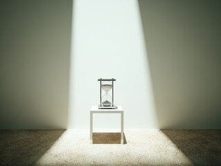 Hourglass on minimalist pedestal under dramatic shaft of light conveying passage of time and contemplative mood