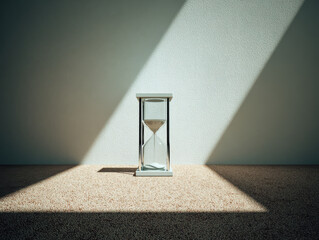 Hourglass on textured floor with diagonal sunlight casting long shadow, minimalist still life evoking passage of time