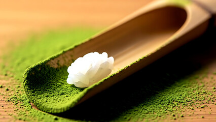 Zen meditation moment of a single sushi grain resting on a bamboo chashaku, matcha powder coating the surface, representing the intersection of food and ceremony 